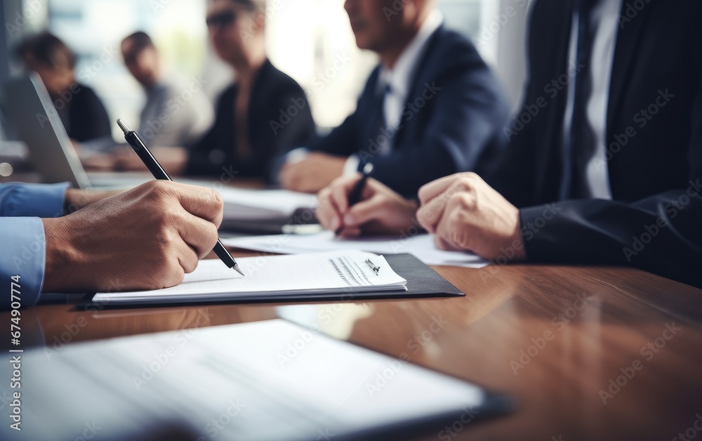 Close up of a male and female business people attending meeting in a boardroom at office Close up of a male and female business people attending meeting in a boardroom at office