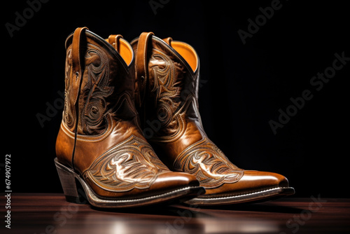 Pair of leather cowboy boots on wooden background