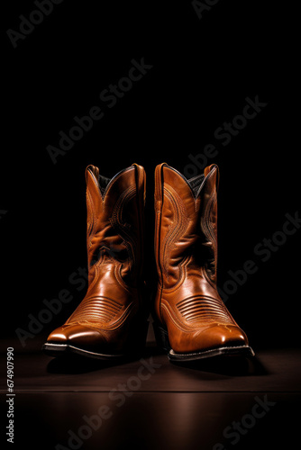 A pair of brown cowboy boots against a dark background