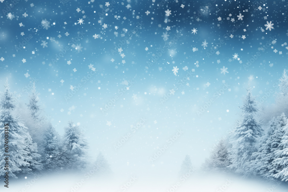 Christmas Photography Backdrop, Idyllic winter Wonderland Background with Fir Tree, Snowflakes, copy space