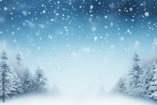 Christmas Photography Backdrop, Idyllic winter Wonderland Background with Fir Tree, Snowflakes, copy space