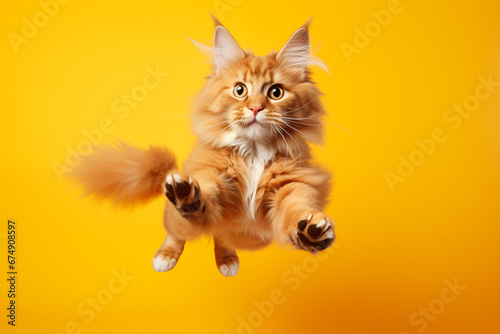Happy Maine Coon Cat Jumping on a Yellow Background. Banner concept for pet shops and pet niche e-commerce photo