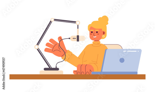 Caucasian woman talking microphone stand laptop 2D cartoon character. Radio show host young adult female isolated vector person white background. Social influencer color flat spot illustration