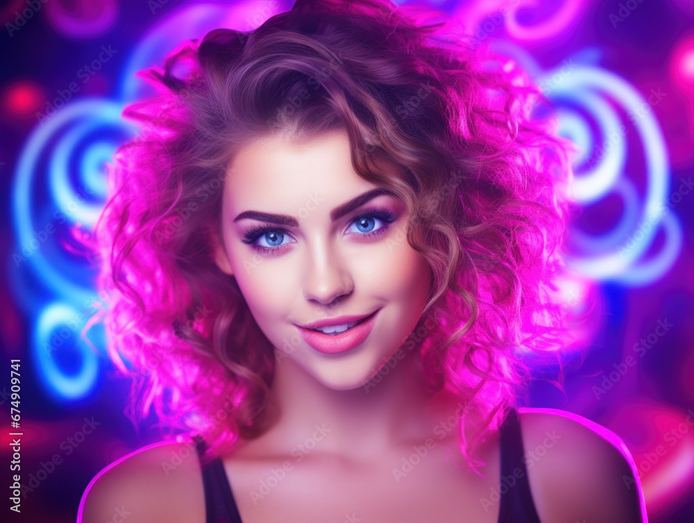 Woman with pink hair and neon lights background