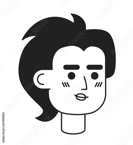 Millennial asian young woman smirk black and white 2D vector avatar illustration. Korean modern female outline cartoon character face isolated. Stylish girl flat user profile image, portrait