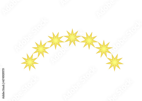 bogen als anordnung von sieben neuenstrahligen goldenen sternen für advent oder weihnachten, modernes abstraktes 3d-design, schmuck, dekor,