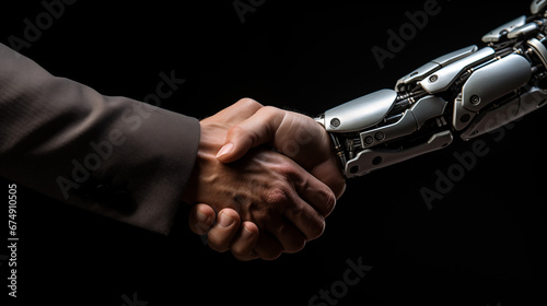 Close up of human and robot shaking hands isolated on black background.