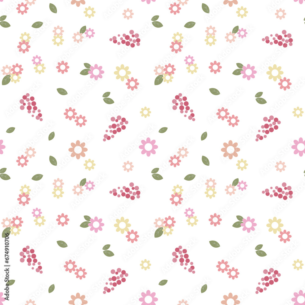 Seamless pattern of small delicate flowers and scattered leaves. Floral background, print, textile, vector