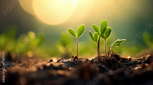 small green sprouts grow from the ground in the rays of the sun. photo