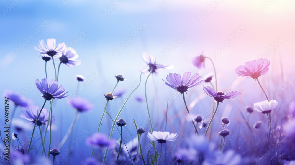 Wildflowers blooming in soft light with bokeh background