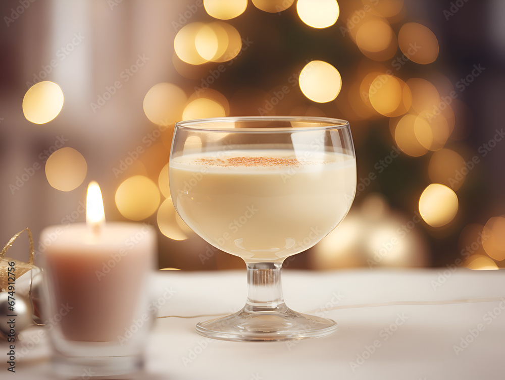 A delicious eggnog drink with whipped cream on top on table, blurred lights Christmas market A delicious eggnog drink with whipped cream on top on table, blurred lights Christmas market