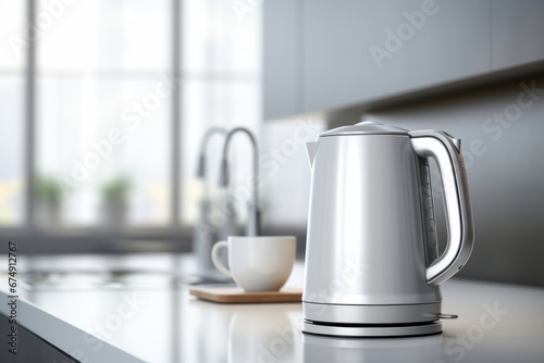 Empty airy kitchen interior and modern electric kettle. Generative AI