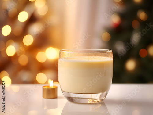A glass of a traditional Christmas drink eggnog with cinnamon on table, blurred background with lights 