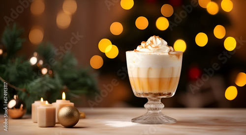 A glass of a traditional Christmas drink eggnog with whipped cream on table, blurred background with lights 