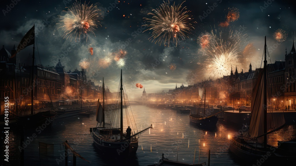 Fireworks on silvester on city background with river and ship created with Generative AI