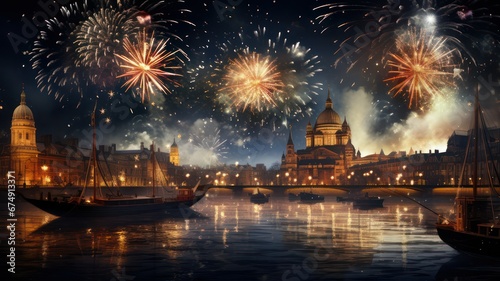 Fireworks on silvester on city background with river and ship created with Generative AI