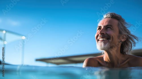 Cheerful man resting in luxury swimming pool. Zero level, sky background.