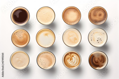 Coffee Lover's Paradise: Top View of Many Cups on Table with White Background
