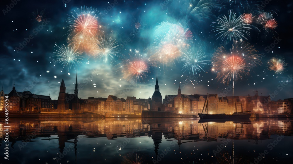 Obraz premium Fireworks on silvester on city background with river and ship created with Generative AI