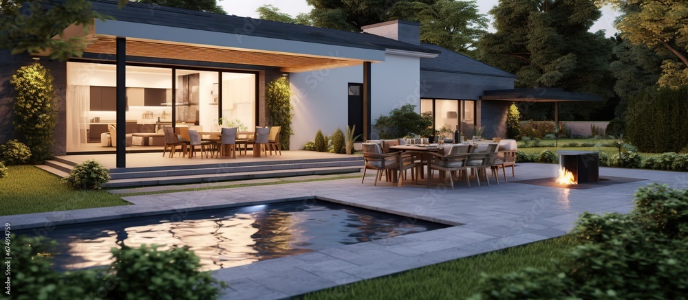 3D render of a backyard with pool, outdoor dining area, fire pit, and garden