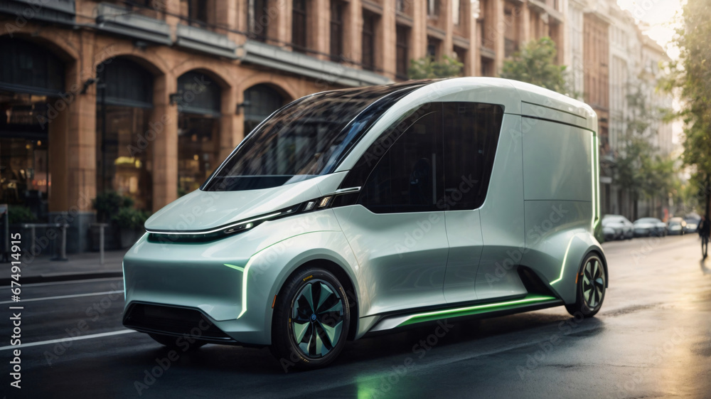 Side view of white modern electric delivery car on the street in city. Concept of eco-friendly transport and sustainable energy. Side view of white modern electric delivery car on the street in city. Concept of eco-friendly transport and sustainable energy.