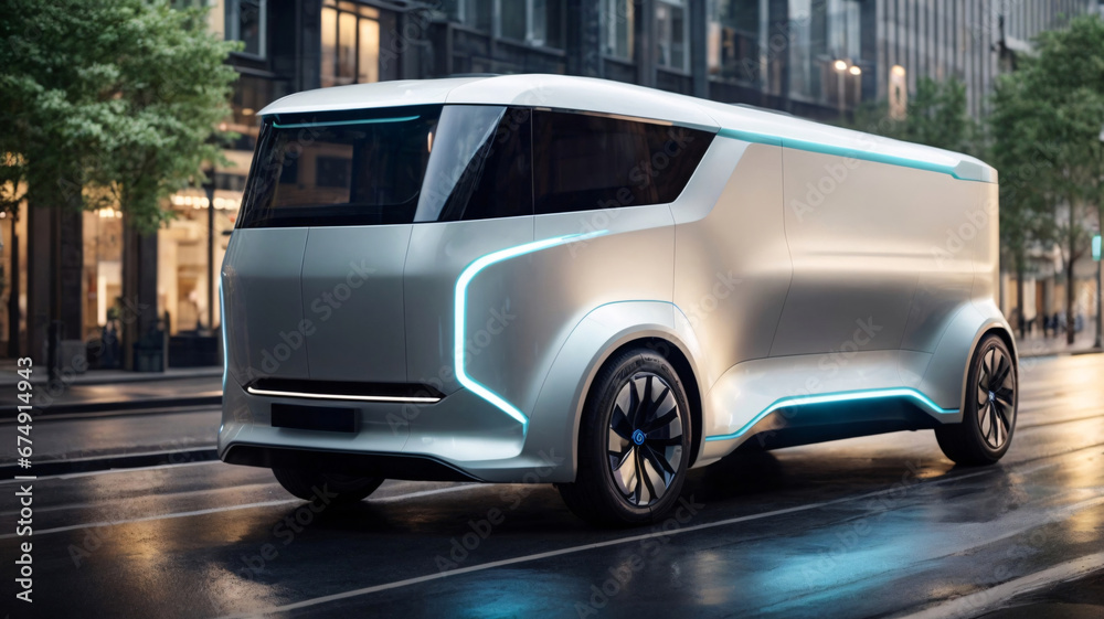 Side view of white modern electric delivery car on the street in city. Concept of eco-friendly transport and sustainable energy. Side view of white modern electric delivery car on the street in city. Concept of eco-friendly transport and sustainable energy.