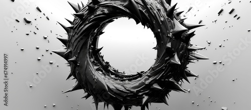 3d render of monochrome black and white abstract art with surreal flying rough metal ring doughnut or torus with deformed damaged part with sharp spikes on dark grey background photo