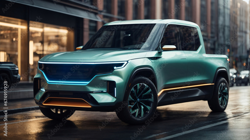 Side view of brand new electric crossover on a city street. Concept of eco-friendly transport and sustainable energy. Side view of brand new electric crossover on a city street. Concept of eco-friendly transport and sustainable energy.