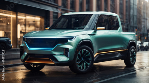 Side view of brand new  electric crossover on a city street. Concept of eco-friendly transport and sustainable energy. © Svitlana