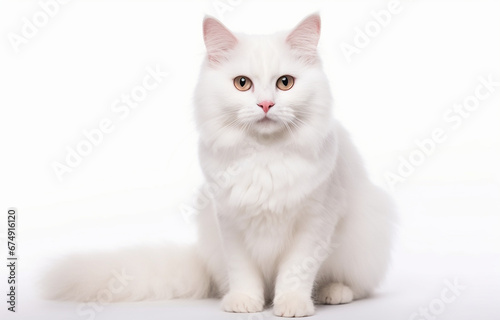 Adorable white cat on white background for pet vet card design