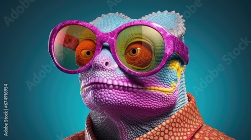 Anthropomorphic stylish chameleon in jacket and sunglasses. Portrait of a man with an animal face. Human character through animal with a psychedelic touch. Illustration for cover, card, design, etc.