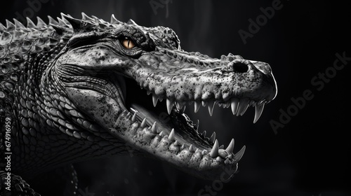 Close-up of an angry crocodile's face. A toothy alligator in monochrome style. Animal in the habitat. Illustration for cover, card, postcard, interior design, banner, poster, brochure or presentation. © Login