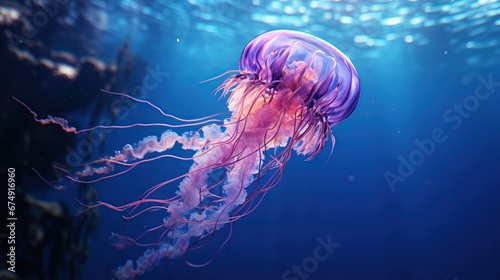 a jellyfish with a purple body and blue tentacles is swimming in the water with a blue background and a blue sky. . photo