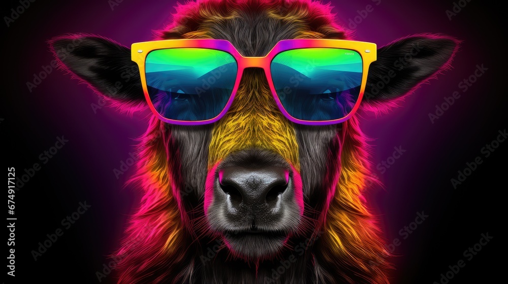 Portrait of funny aurochs bull with sunglasses. Concept of humor. Illustration for cover, card, postcard, interior design, decor or print.