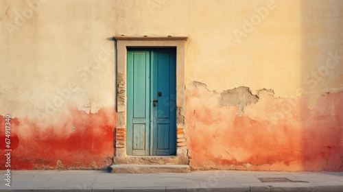 The dilapidated wall of the building and the wooden door require major repairs. Facade of a house with damaged plaster. Photophone for retro shooting. Illustration for cover, card, interior design. © Login