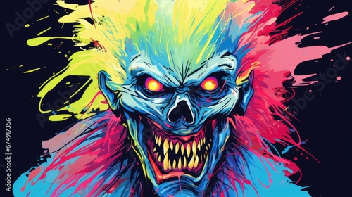 The drawing of the monster is in a psychedelic style. The concept of fear and horror. A fictional creepy creature.