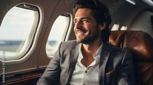 Smiling businessman in private plane, looking out the window, business jet interior, © ELmidoi-AI