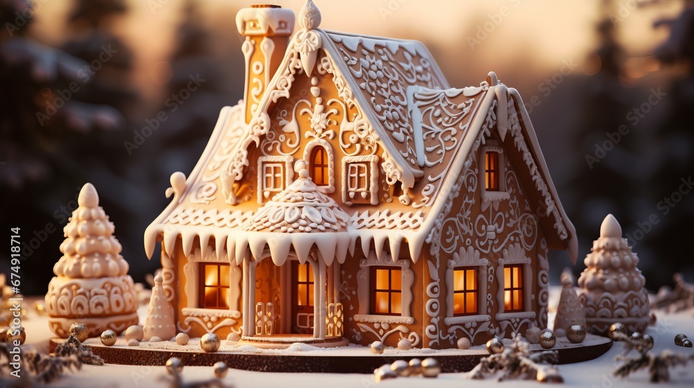 Festive gingerbread house made from honey and ginger dough with rich patterns and floral motifs, a fairy tale house traditional for Christmas markets