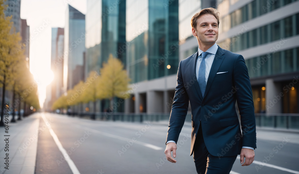 confident businessman walking over empty street in modern business district in spring during dawn, copy space, looking to right, lensflare, blurred background, daylight,sly smirk, happy, relaxed
