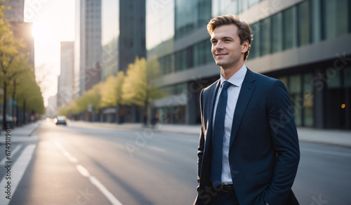 confident businessman walking over empty street in modern business district in spring during dawn, copy space, looking to left, lensflare, blurred background, daylight,sly smirk, happy, relaxed