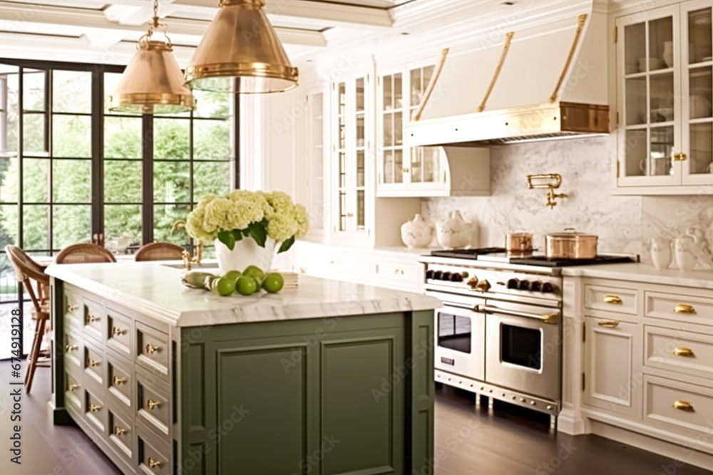 Kitchen decor, interior design and house improvement, bespoke sage green English in frame kitchen cabinets, countertop and appliance in a country house, elegant cottage style - obrazy, fototapety, plakaty 