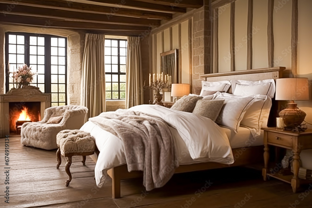 Bedroom decor, interior design and holiday rental, classic bed with elegant plush bedding and furniture, English country house and cottage style