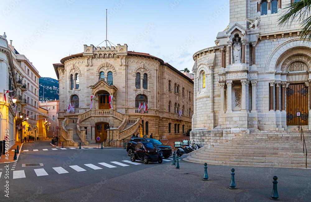 Sunset view of old city of Monaco, a sovereign city-state on the French Riviera, in Western Europe, on the Mediterranean Sea