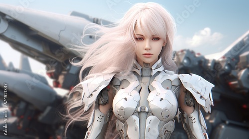 Portrait of A young girl with white hair, Mechanical exosuit style, Dressed in a splendid, futuristic mechanical combat suit, golden hour, Glorious mecha-style wings