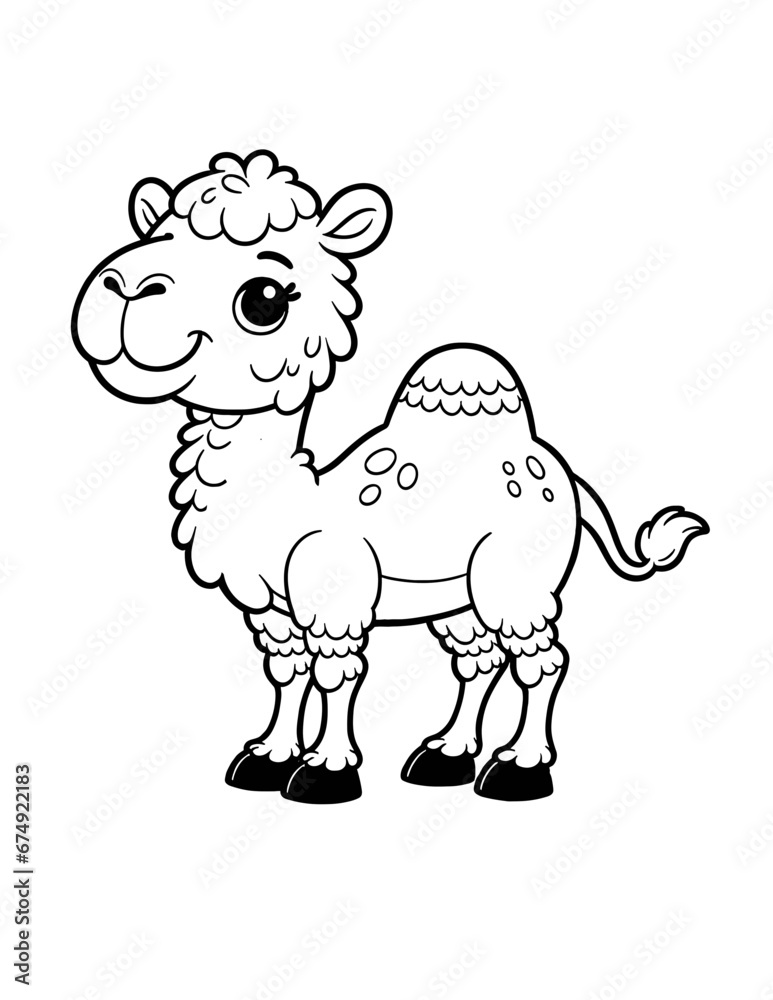 Cute camel coloring book page, coloring page, animal, black and white, isolated, vector art, wild safari zoo animals