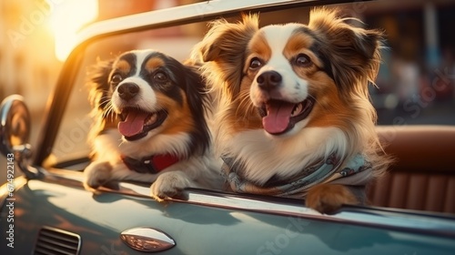 A cute dog traveling by car with their family on weekend trip.