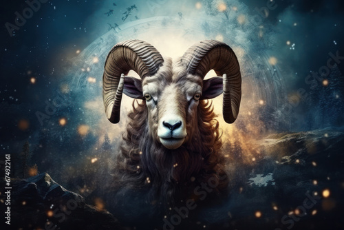 Majestic Ram in a Mystical Fantasy Landscape. An artistic portrayal of a ram with swirling cosmic elements and a surreal atmosphere.