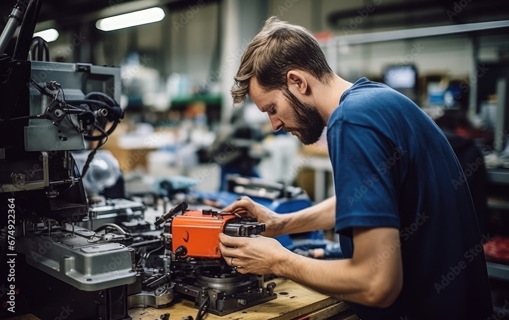 A man in the workshop is making a robot A man in the workshop is making a robot