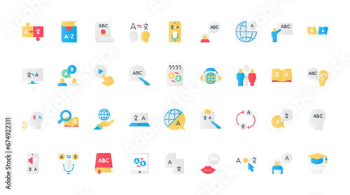 Language learning flat icons set. Language study and acquisition symbols, books and dictionaries, speech bubbles, online courses, and multilingual communication tools.