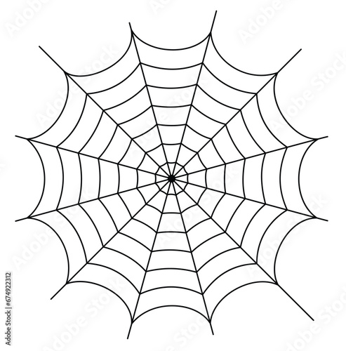 Vector outline illustration of a simple fancy Halloween spider web, isolated object on the white background, clipart useful for halloween party decoration, hand drawn image, cartoon spooky character